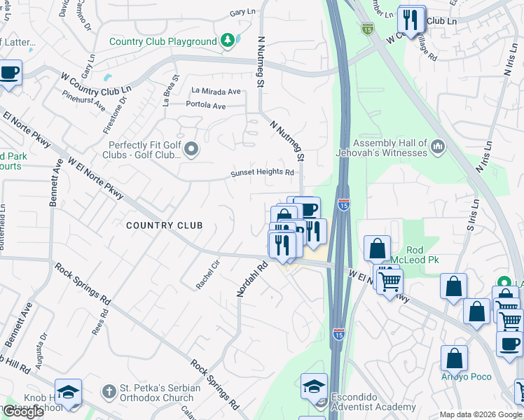 map of restaurants, bars, coffee shops, grocery stores, and more near 1829 Nova Glen in Escondido