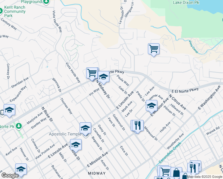map of restaurants, bars, coffee shops, grocery stores, and more near 1117 Kings Road in Escondido