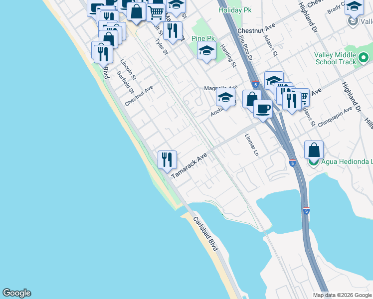 map of restaurants, bars, coffee shops, grocery stores, and more near 320 Redwood Avenue in Carlsbad