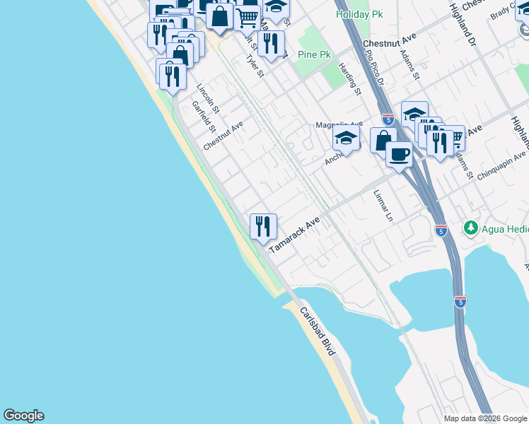 map of restaurants, bars, coffee shops, grocery stores, and more near 3770 Garfield Street in Carlsbad