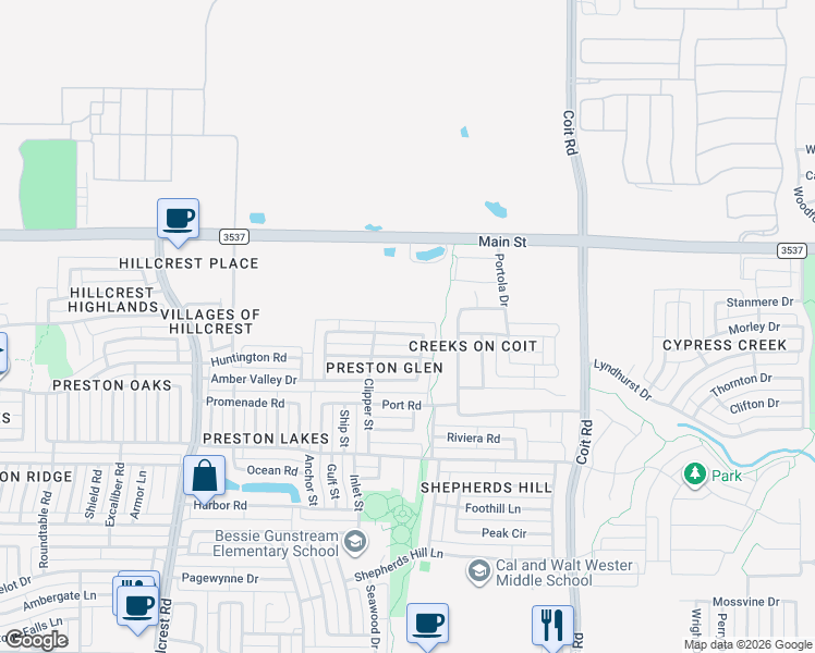 map of restaurants, bars, coffee shops, grocery stores, and more near 12000 Woodland Way in Frisco