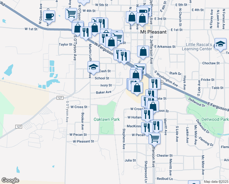 map of restaurants, bars, coffee shops, grocery stores, and more near 706 Baker Avenue in Mount Pleasant