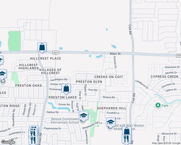 map of restaurants, bars, coffee shops, grocery stores, and more near 11808 Woodland Way in Frisco
