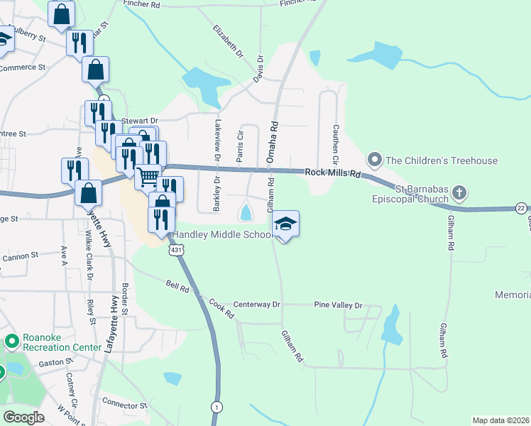 map of restaurants, bars, coffee shops, grocery stores, and more near 422 Douglas Drive in Roanoke