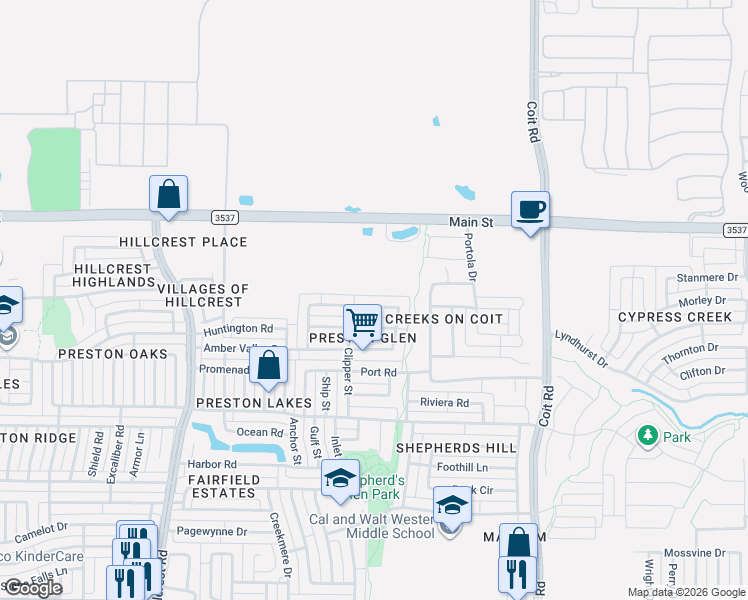 map of restaurants, bars, coffee shops, grocery stores, and more near 11808 Woodland Way in Frisco