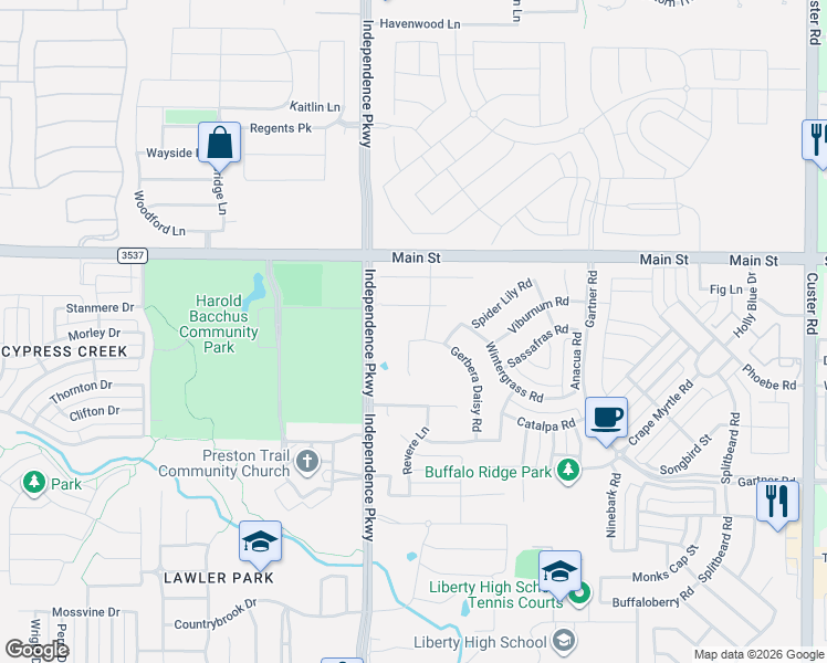 map of restaurants, bars, coffee shops, grocery stores, and more near 8726 Independence Pkwy in Frisco