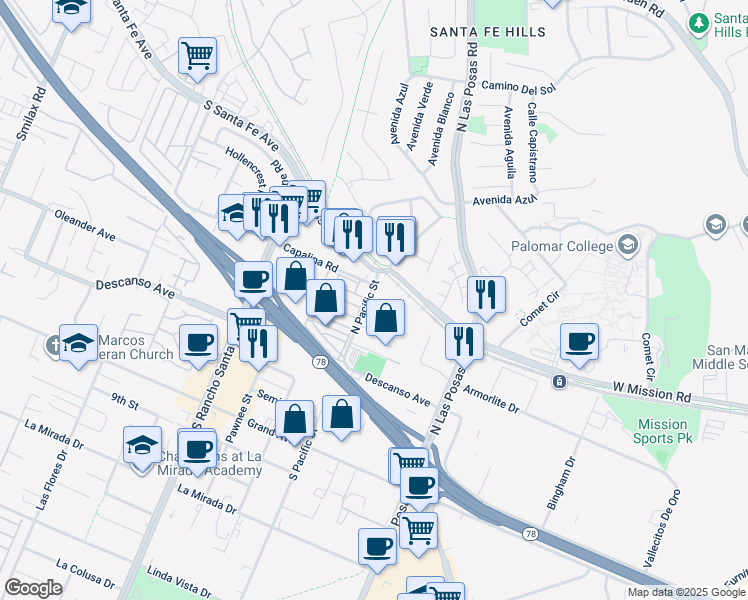 map of restaurants, bars, coffee shops, grocery stores, and more near 1515 Capalina Road in San Marcos