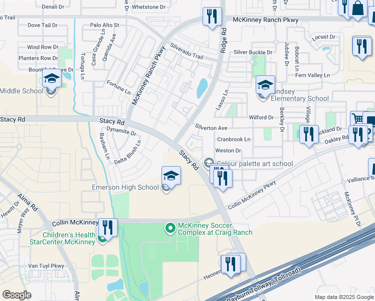 map of restaurants, bars, coffee shops, grocery stores, and more near 5998 West Stacy Road in McKinney