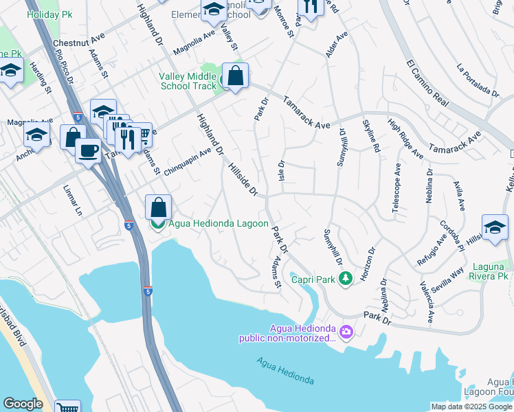 map of restaurants, bars, coffee shops, grocery stores, and more near 4275 Hillside Drive in Carlsbad