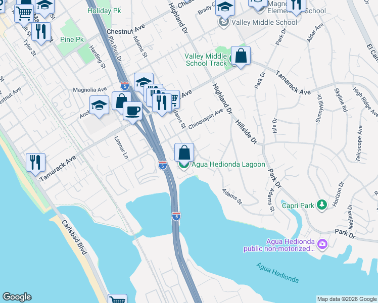 map of restaurants, bars, coffee shops, grocery stores, and more near 4031 Bluff View Way in Carlsbad