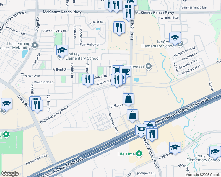 map of restaurants, bars, coffee shops, grocery stores, and more near 5313 Oakley Road in McKinney