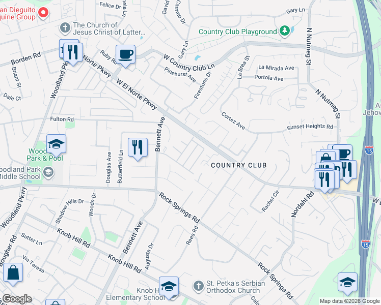 map of restaurants, bars, coffee shops, grocery stores, and more near 1706 Kiwi Glen in Escondido