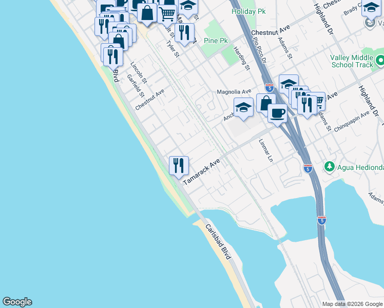 map of restaurants, bars, coffee shops, grocery stores, and more near 3770 Garfield Street in Carlsbad