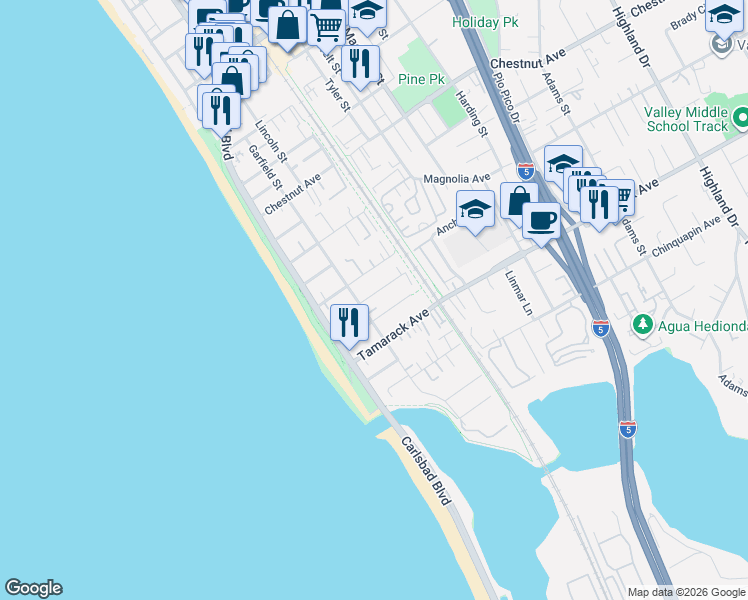 map of restaurants, bars, coffee shops, grocery stores, and more near 3770 Garfield Street in Carlsbad