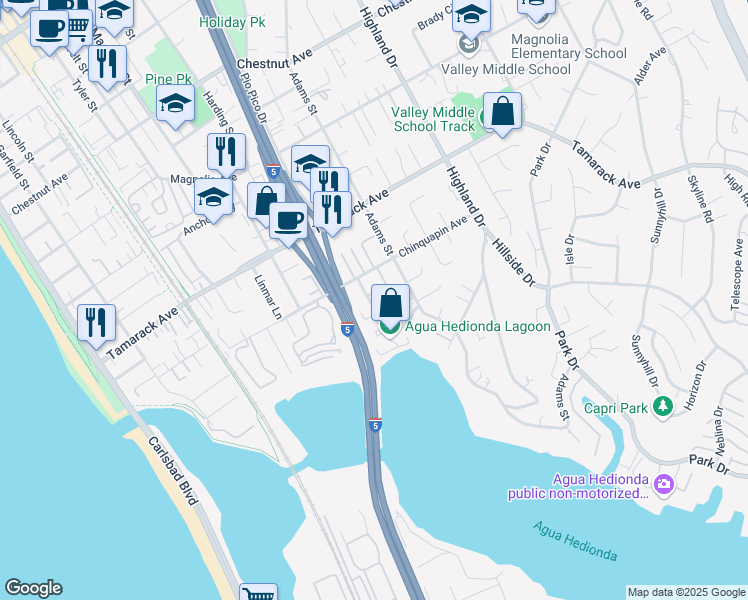 map of restaurants, bars, coffee shops, grocery stores, and more near 4029 Aidan Circle in Carlsbad