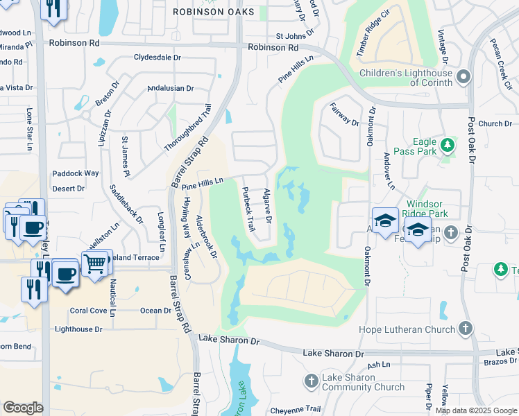 map of restaurants, bars, coffee shops, grocery stores, and more near 3904 Pineoak Lane in Denton