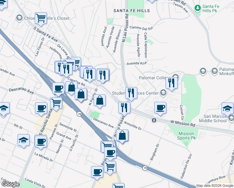 map of restaurants, bars, coffee shops, grocery stores, and more near 2403 Saltbush Drive in San Marcos