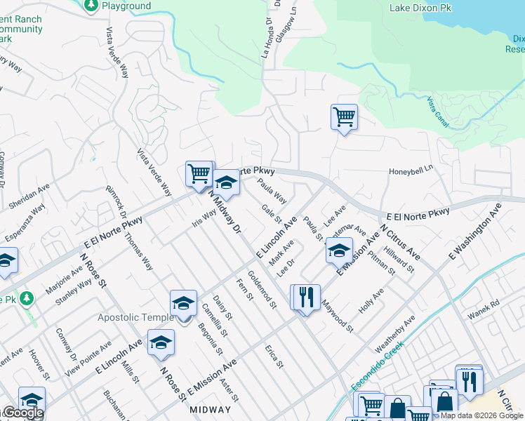 map of restaurants, bars, coffee shops, grocery stores, and more near 1057 Gale Street in Escondido