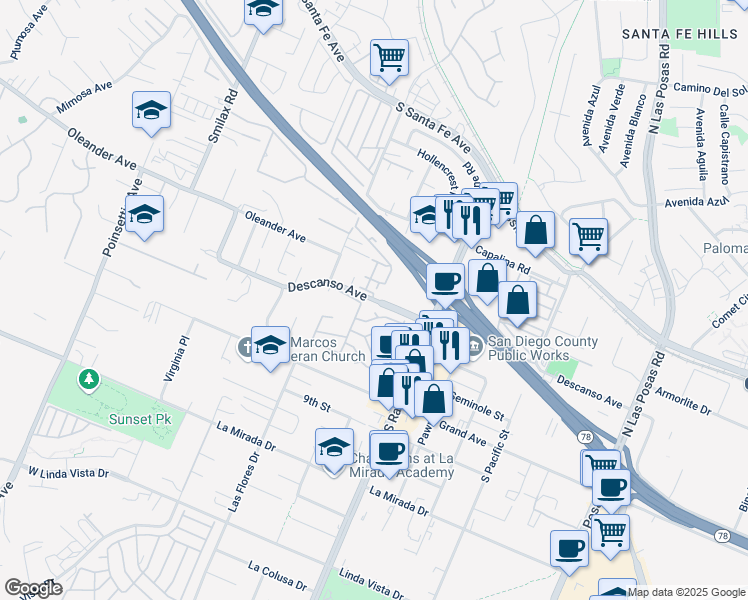 map of restaurants, bars, coffee shops, grocery stores, and more near 3496 Descanso Avenue in San Marcos