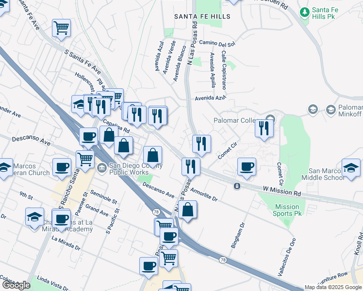 map of restaurants, bars, coffee shops, grocery stores, and more near 2401 Saltbush Drive in San Marcos
