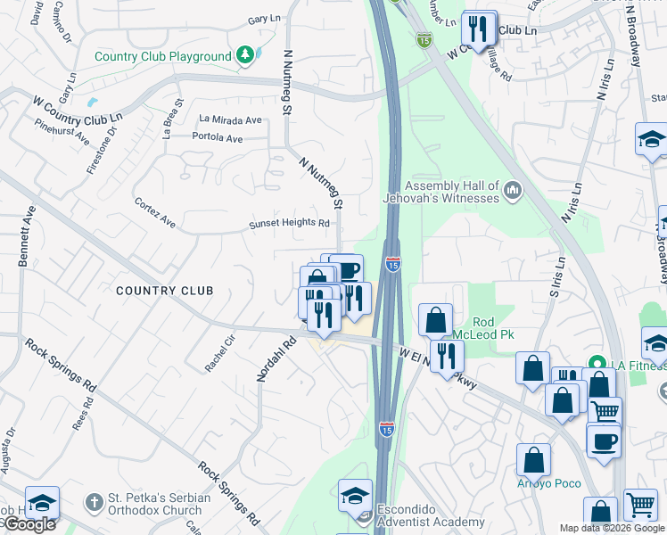 map of restaurants, bars, coffee shops, grocery stores, and more near 1822 North Nutmeg Street in Escondido