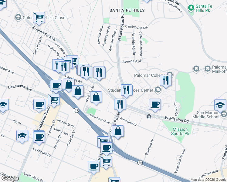 map of restaurants, bars, coffee shops, grocery stores, and more near 2401 Saltbush Drive in San Marcos