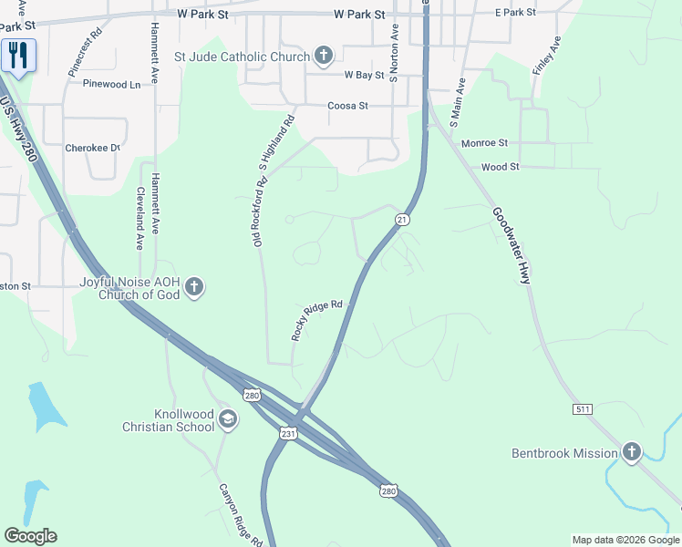 map of restaurants, bars, coffee shops, grocery stores, and more near 1089 Old Rockford Road in Sylacauga