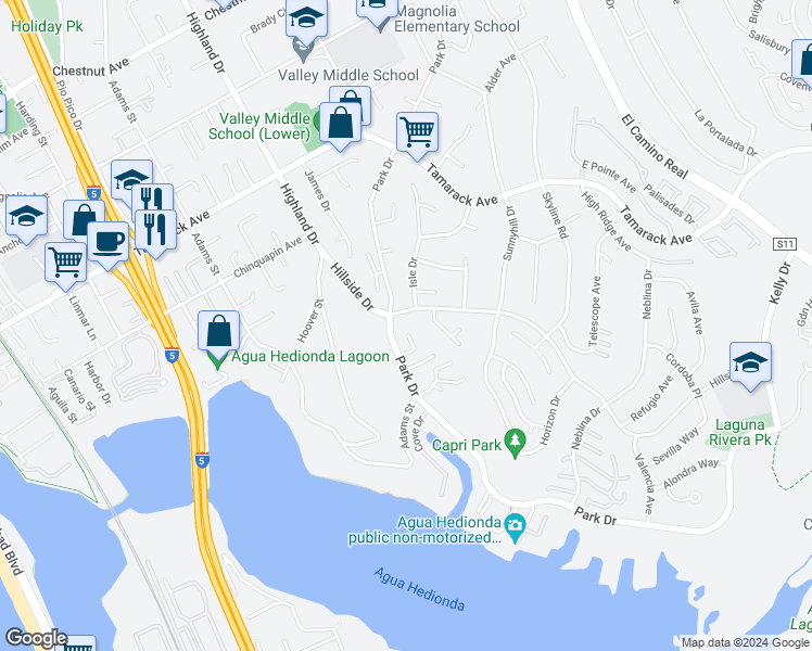 map of restaurants, bars, coffee shops, grocery stores, and more near 4319 Yuki Lane in Carlsbad