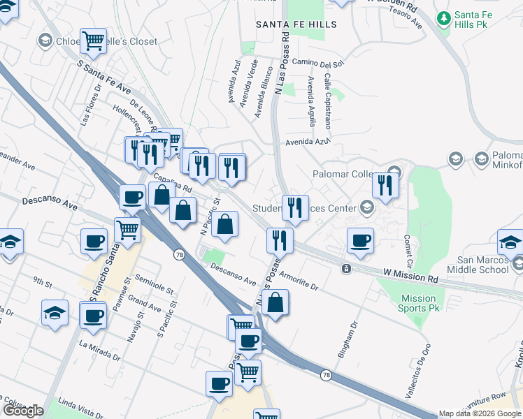 map of restaurants, bars, coffee shops, grocery stores, and more near 2406 Saltbush Drive in San Marcos