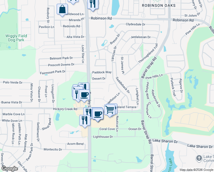 map of restaurants, bars, coffee shops, grocery stores, and more near 2931 Lipizzan Ct in Denton