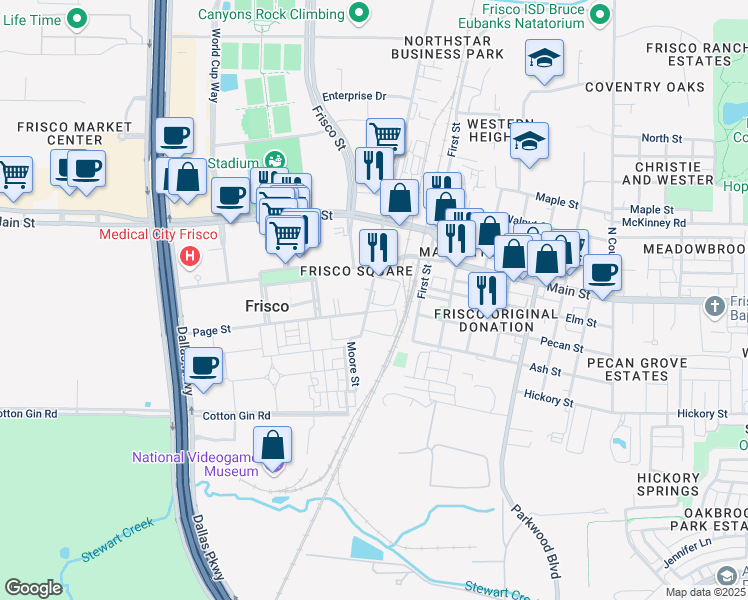 map of restaurants, bars, coffee shops, grocery stores, and more near 8734 Railroad Avenue in Frisco