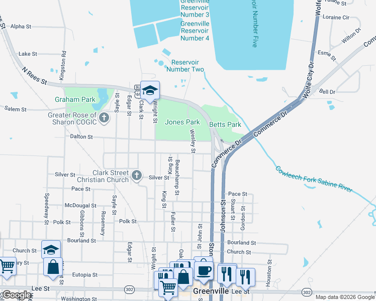 map of restaurants, bars, coffee shops, grocery stores, and more near 2838 Gillespie Street in Greenville
