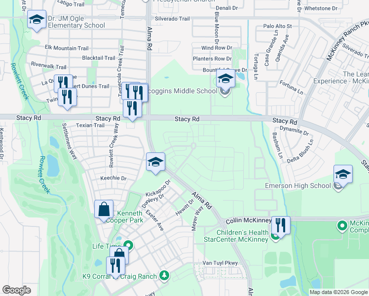 map of restaurants, bars, coffee shops, grocery stores, and more near 7109 Chief Spotted Tail Drive in McKinney