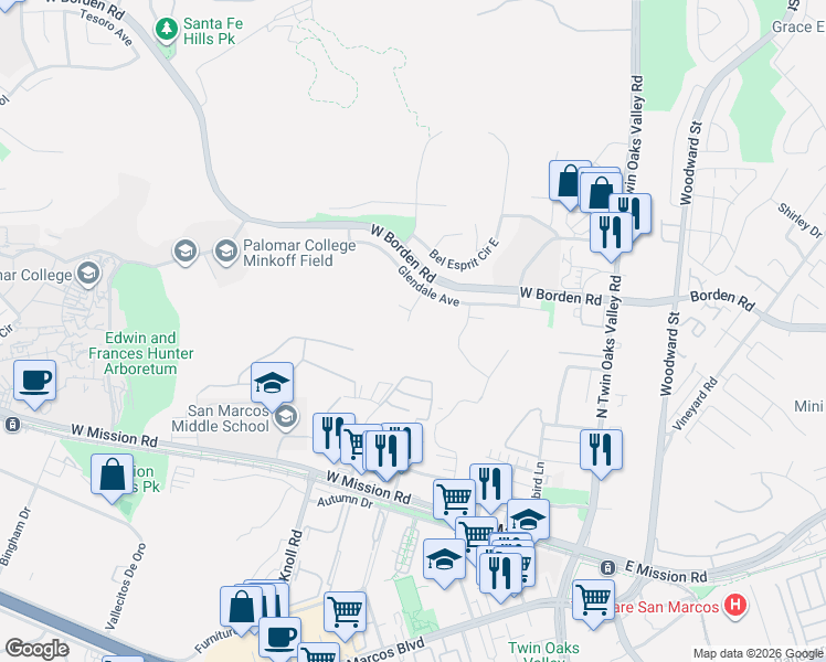 map of restaurants, bars, coffee shops, grocery stores, and more near 803 Palo Alto Court in San Marcos