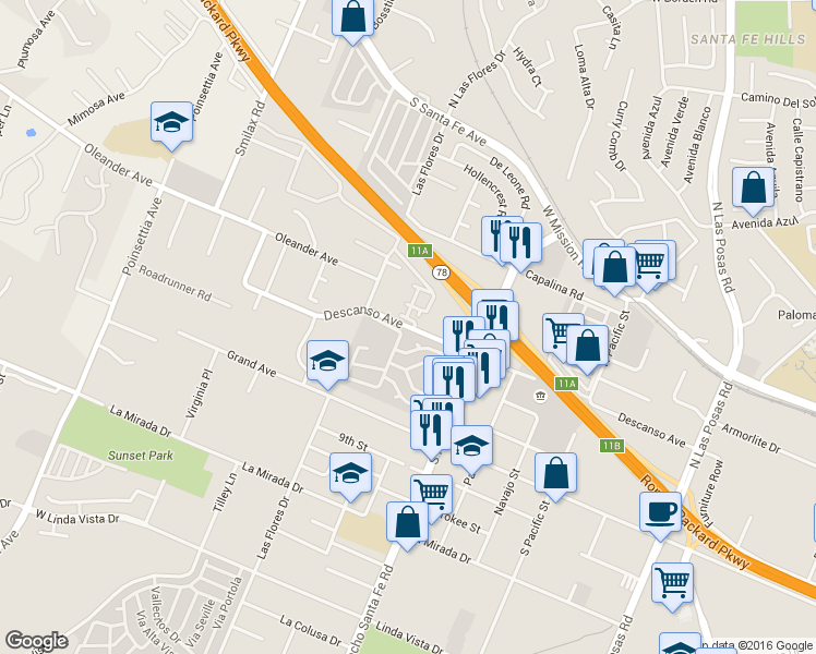 map of restaurants, bars, coffee shops, grocery stores, and more near 3496 Descanso Avenue in San Marcos