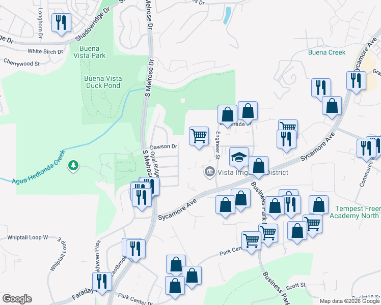 map of restaurants, bars, coffee shops, grocery stores, and more near 1351 Distribution Way in Vista