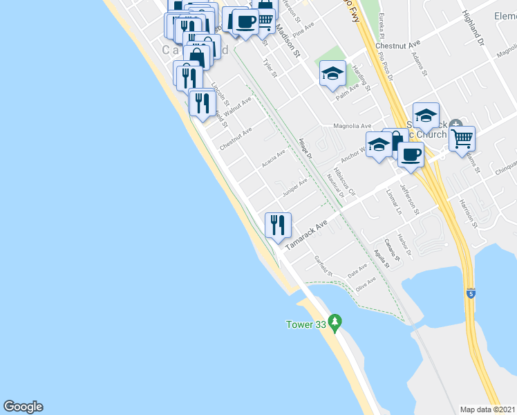 map of restaurants, bars, coffee shops, grocery stores, and more near 138 Juniper Avenue in Carlsbad