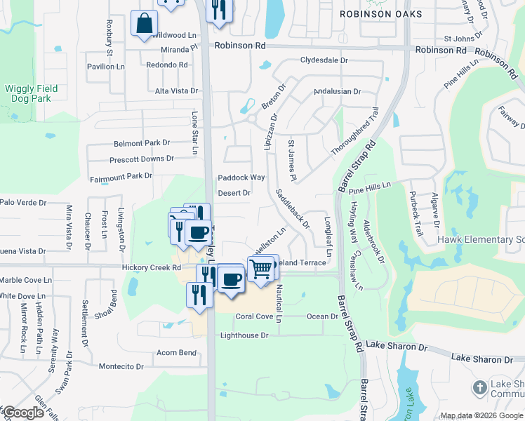 map of restaurants, bars, coffee shops, grocery stores, and more near 2931 Lipizzan Court in Denton