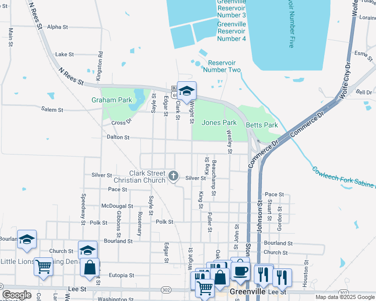 map of restaurants, bars, coffee shops, grocery stores, and more near 3108 Gillespie Street in Greenville