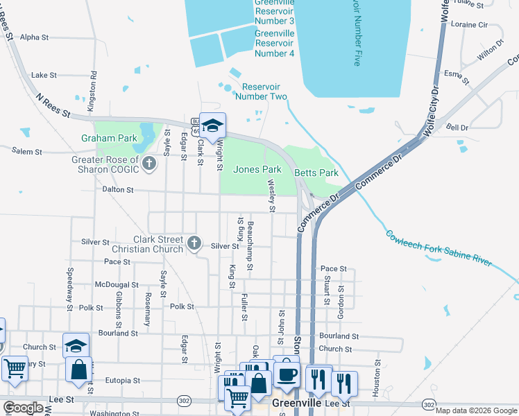 map of restaurants, bars, coffee shops, grocery stores, and more near 2838 Gillespie Street in Greenville