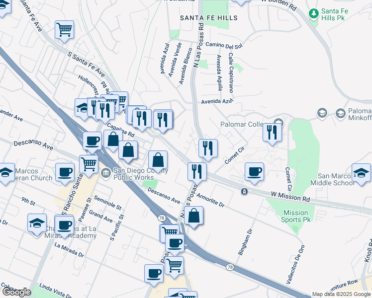 map of restaurants, bars, coffee shops, grocery stores, and more near 2403 Saltbush Drive in San Marcos
