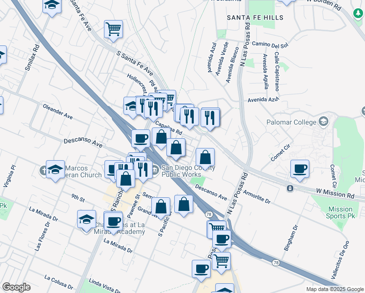 map of restaurants, bars, coffee shops, grocery stores, and more near 1515 Capalina Road in San Marcos