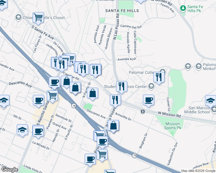 map of restaurants, bars, coffee shops, grocery stores, and more near 2406 Saltbush Drive in San Marcos