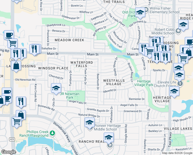 map of restaurants, bars, coffee shops, grocery stores, and more near 1688 Knoll Wood Court in Frisco
