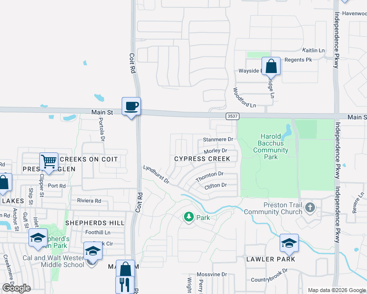 map of restaurants, bars, coffee shops, grocery stores, and more near 8831 Kelvington Drive in Frisco