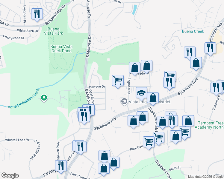 map of restaurants, bars, coffee shops, grocery stores, and more near 1351 Distribution Way in Vista
