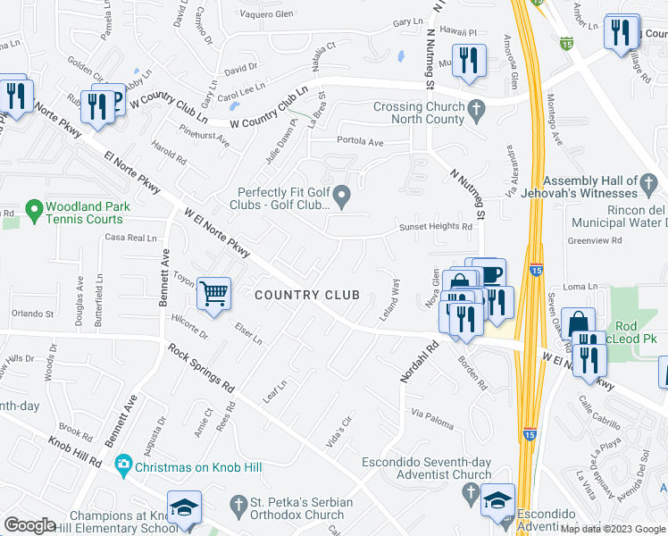 map of restaurants, bars, coffee shops, grocery stores, and more near 1350 Rees Road in Escondido