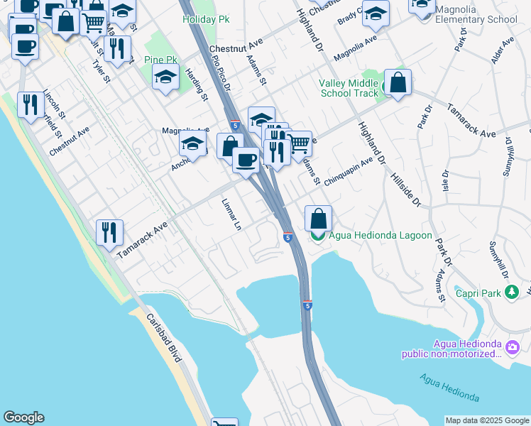 map of restaurants, bars, coffee shops, grocery stores, and more near 828 Chinquapin Avenue in Carlsbad