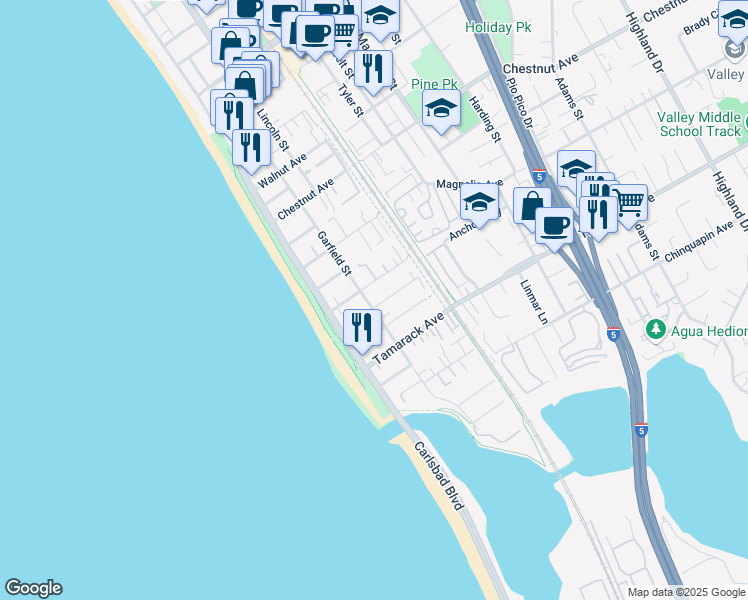 map of restaurants, bars, coffee shops, grocery stores, and more near 3770 Garfield Street in Carlsbad