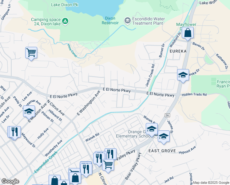 map of restaurants, bars, coffee shops, grocery stores, and more near 2741 Cameron Place in Escondido